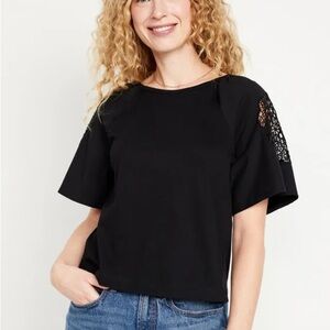 Old Navy EveryWear Cutwork Top Black Short Sleeve Tee with Lace Detail Size L